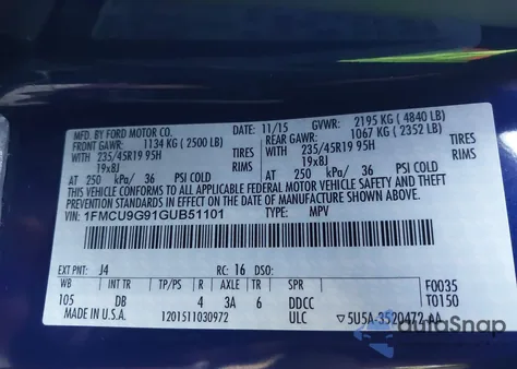 2016 Ford Escape Se из США, поврежденный, VIN 1FMCU9G91GUB51101